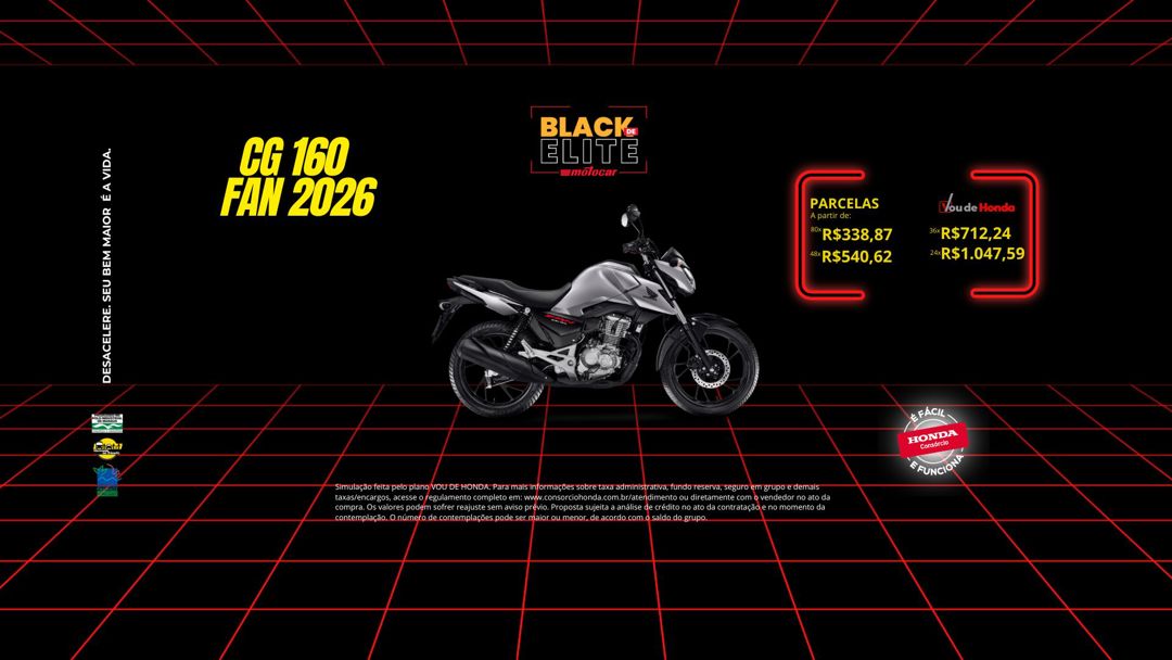 Banner motocar honda cg fan 160 campanha consorcio black de elite com fundo preto e vermelho