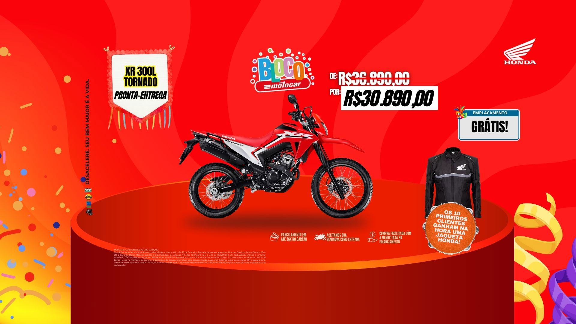 Banner motocar honda tornado campanha de carnaval moto pronta entrega