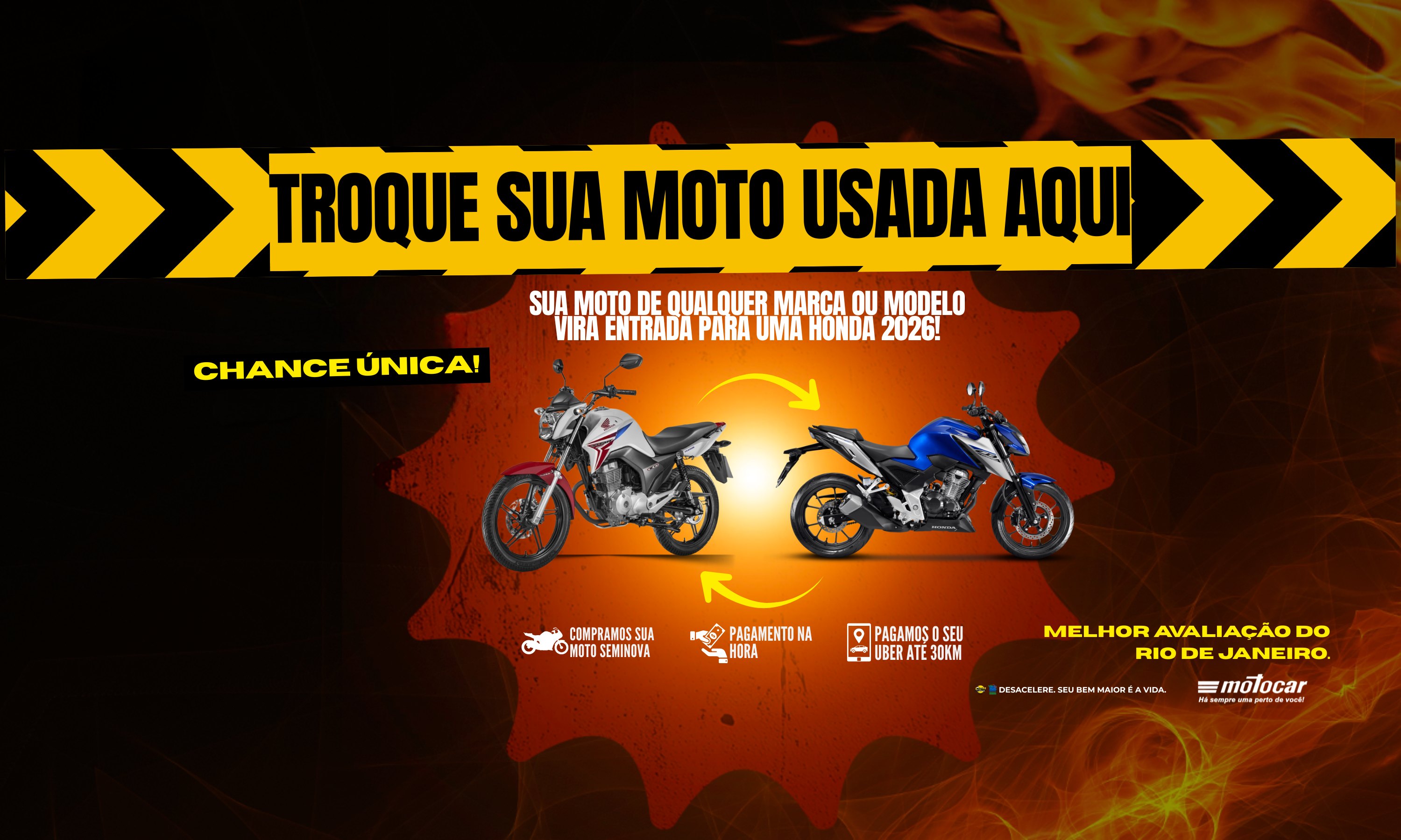 Banner motocar honda aceitamos sua seminova como entrada fundo laranja e preto