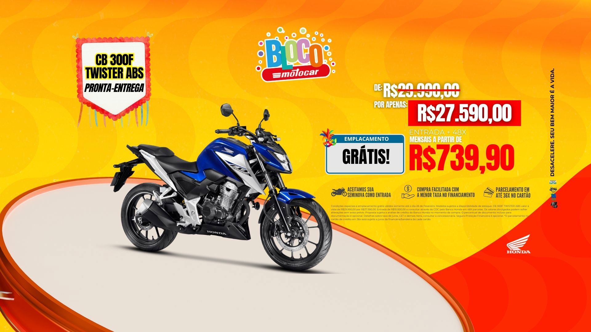 Banner motocar honda twister abs promoção de carnaval com emplacamento grátis
