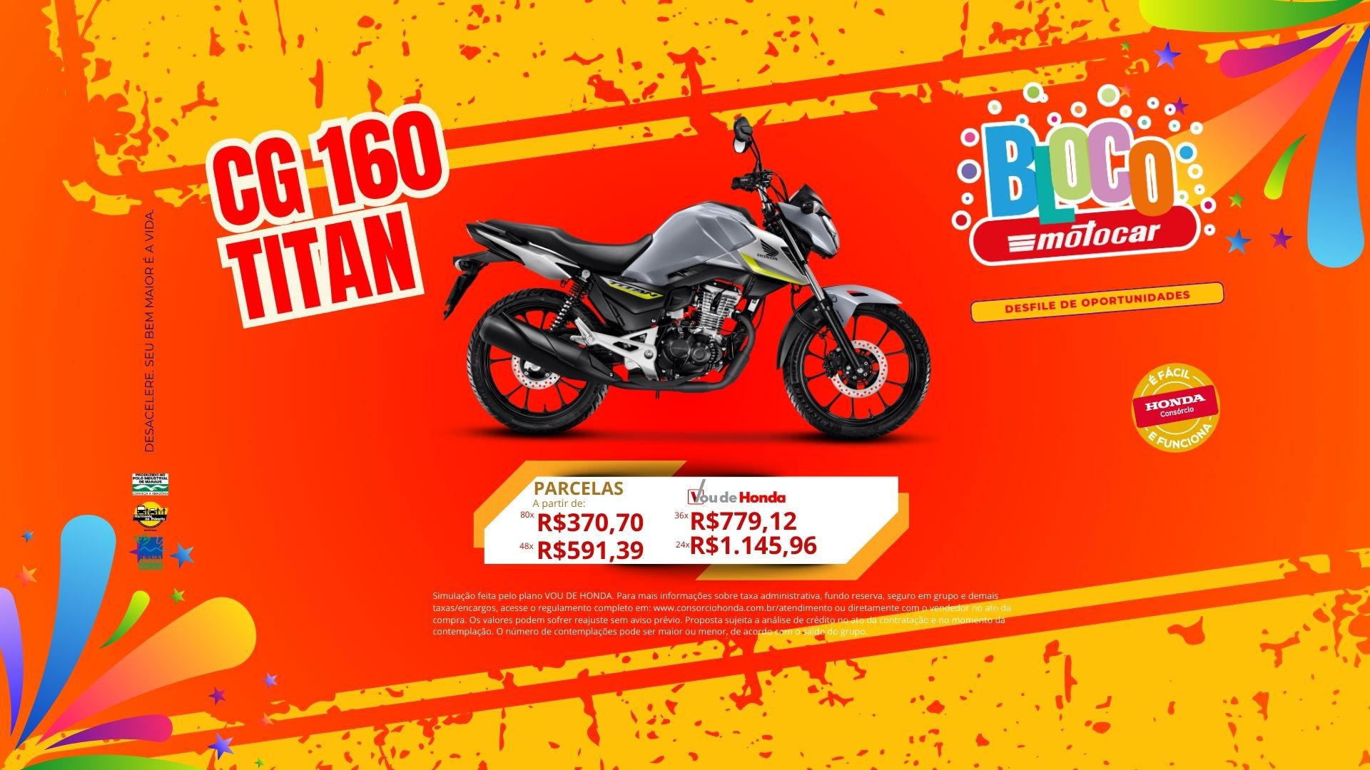 Banner motocar honda cg 160 titan campanha de consórcio carnaval